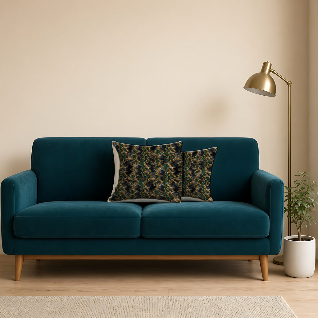 Molten Gold Marble Faux Suede Cushion on a teal velvet sofa
