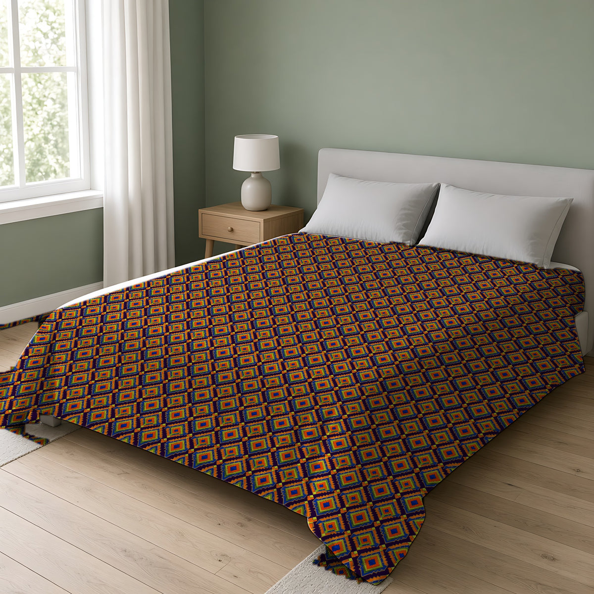 Stepped Diamond Ikat Cotton Duvet Cover on a double bed in a bright sage-green bedroom