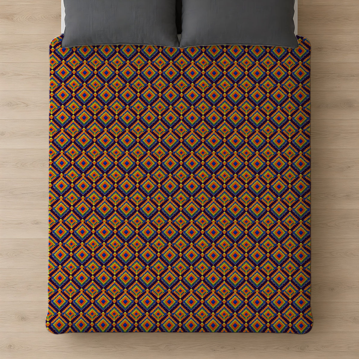 Stepped Diamond Ikat Cotton Duvet Cover on a bed, seen from above