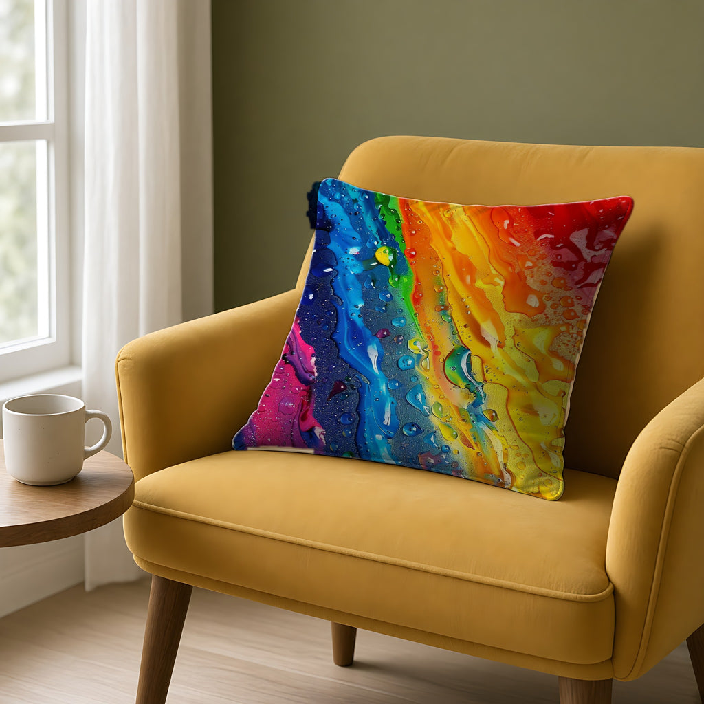 Rainbow Drip Pour Faux Suede Cushion on a mustard armchair by a window