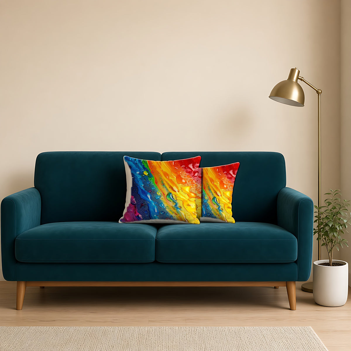 Rainbow Drip Pour Faux Suede Cushion on a teal velvet sofa