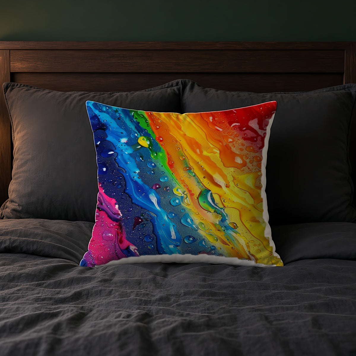 Rainbow Drip Pour Faux Suede Cushion on a bed with charcoal bedding