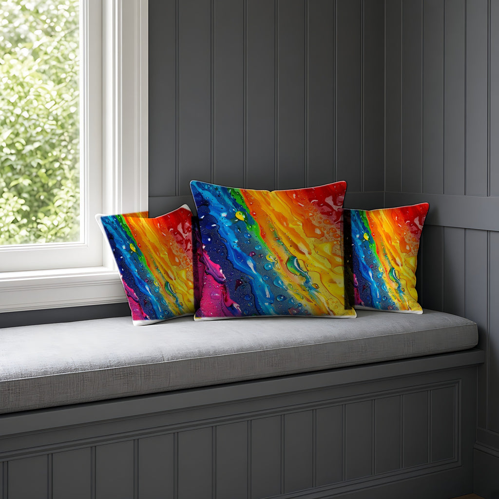 Rainbow Drip Pour Faux Suede Cushion on a window seat