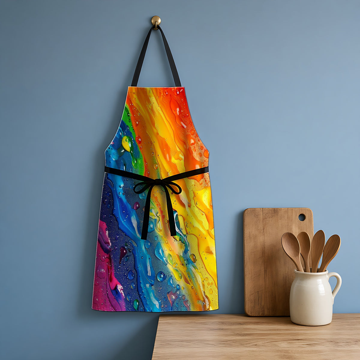 Rainbow Drip Pour Apron hanging in a blue kitchen