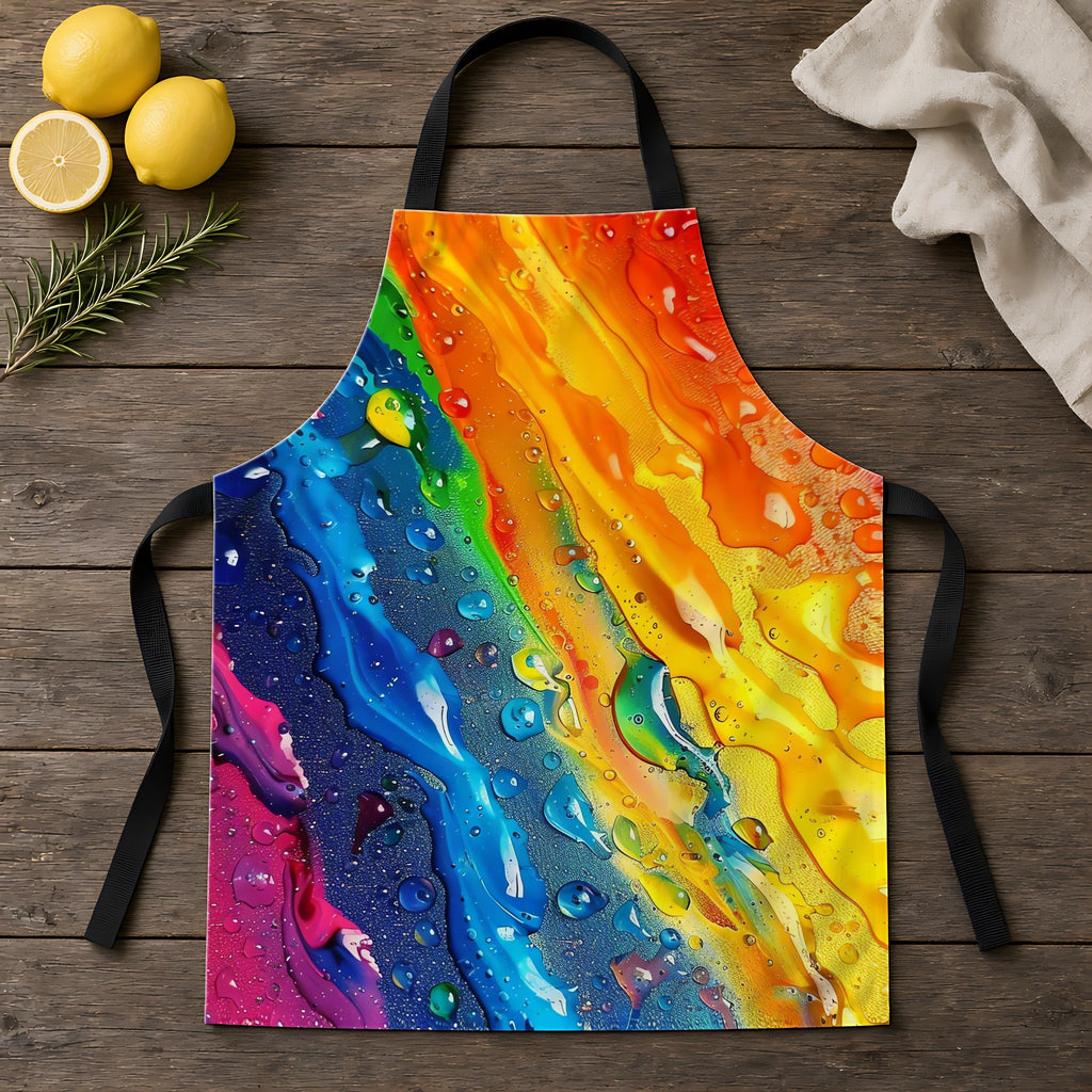 Rainbow Drip Pour Apron laid flat on a rustic wooden table