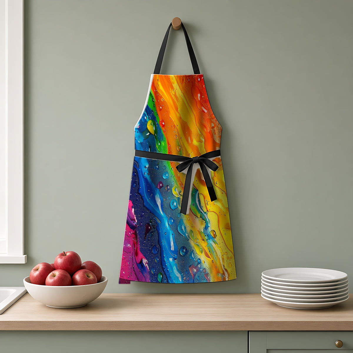 Rainbow Drip Pour Apron hanging on a sage-green kitchen wall