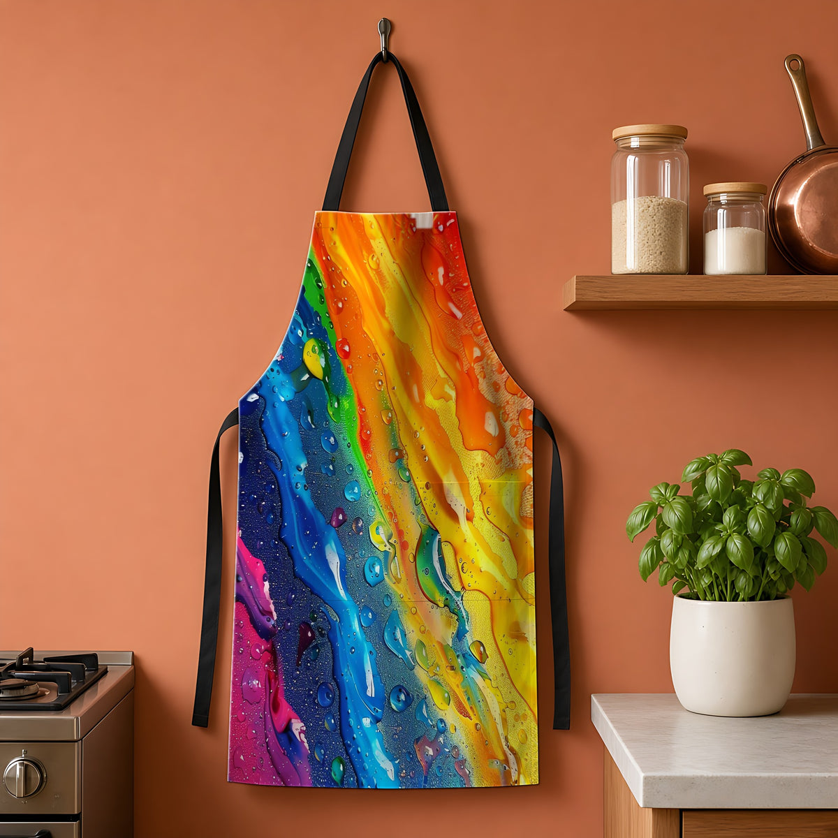 Rainbow Drip Pour Apron hanging on a terracotta kitchen wall