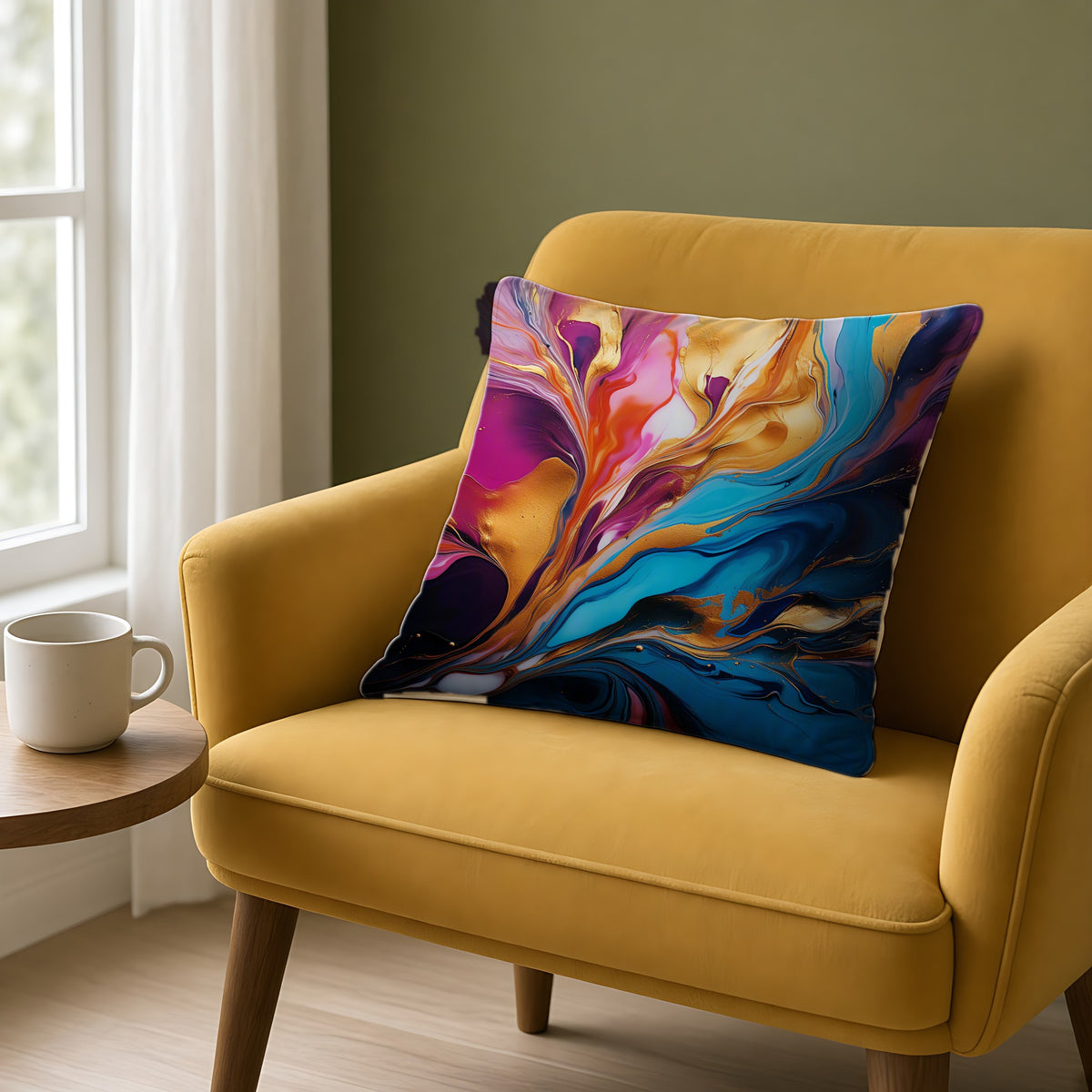 Gilded Fluid Swirl Faux Suede Cushion on a mustard armchair by a window