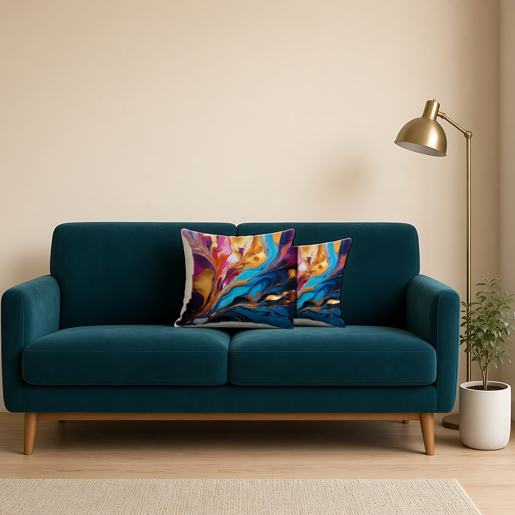 Gilded Fluid Swirl Faux Suede Cushion on a teal velvet sofa