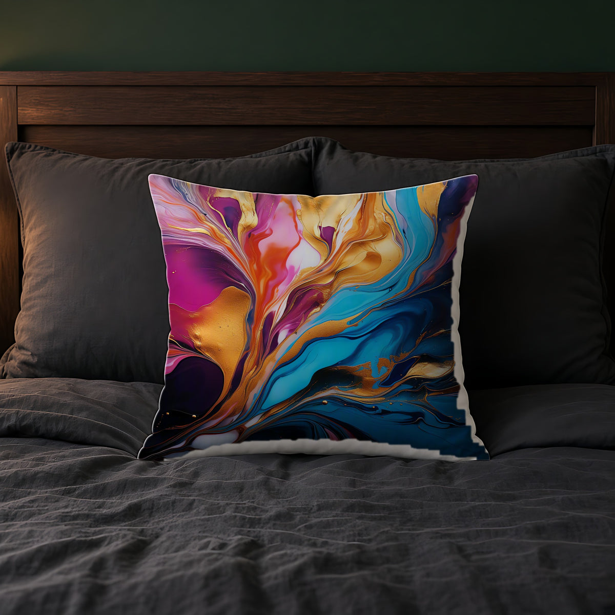 Gilded Fluid Swirl Faux Suede Cushion on a bed with charcoal bedding