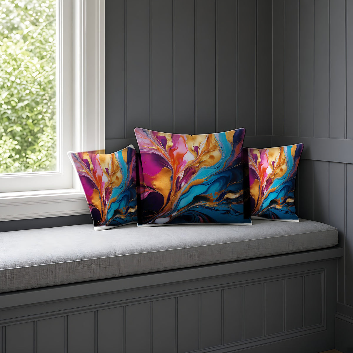 Gilded Fluid Swirl Faux Suede Cushion on a window seat