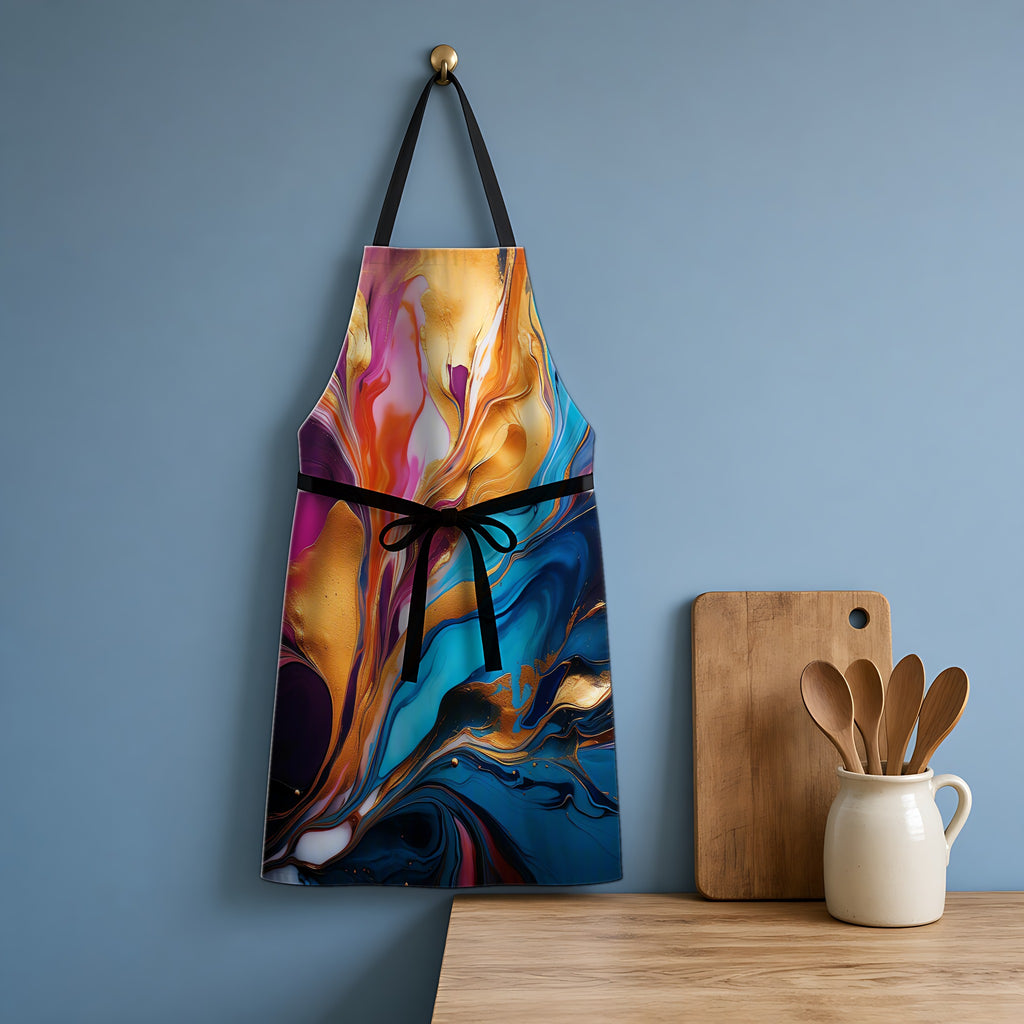 Gilded Fluid Swirl Apron hanging in a blue kitchen