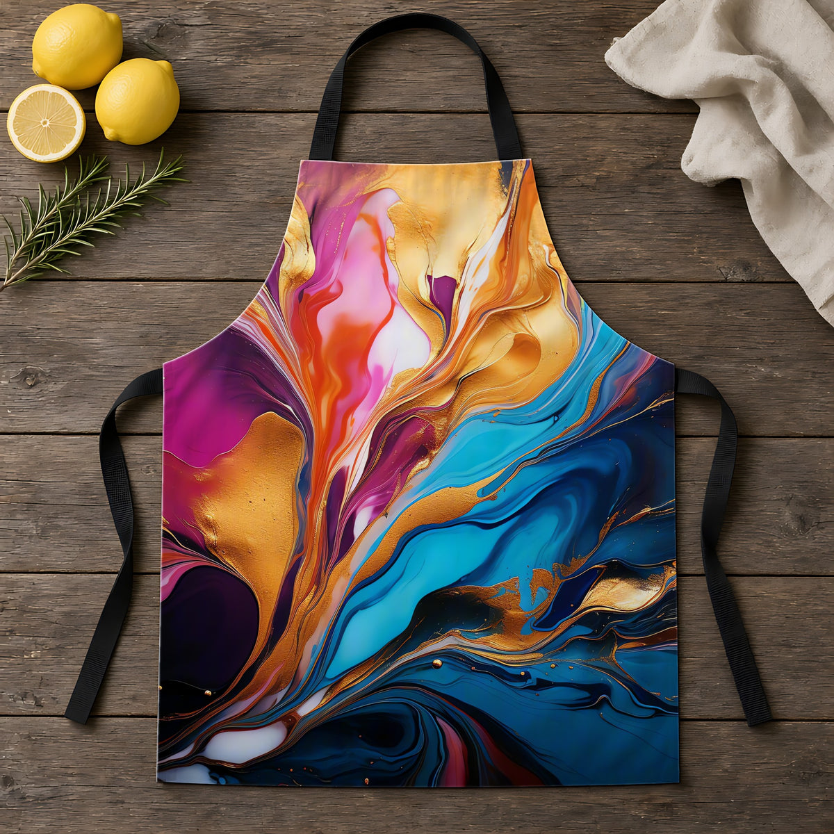 Gilded Fluid Swirl Apron laid flat on a rustic wooden table