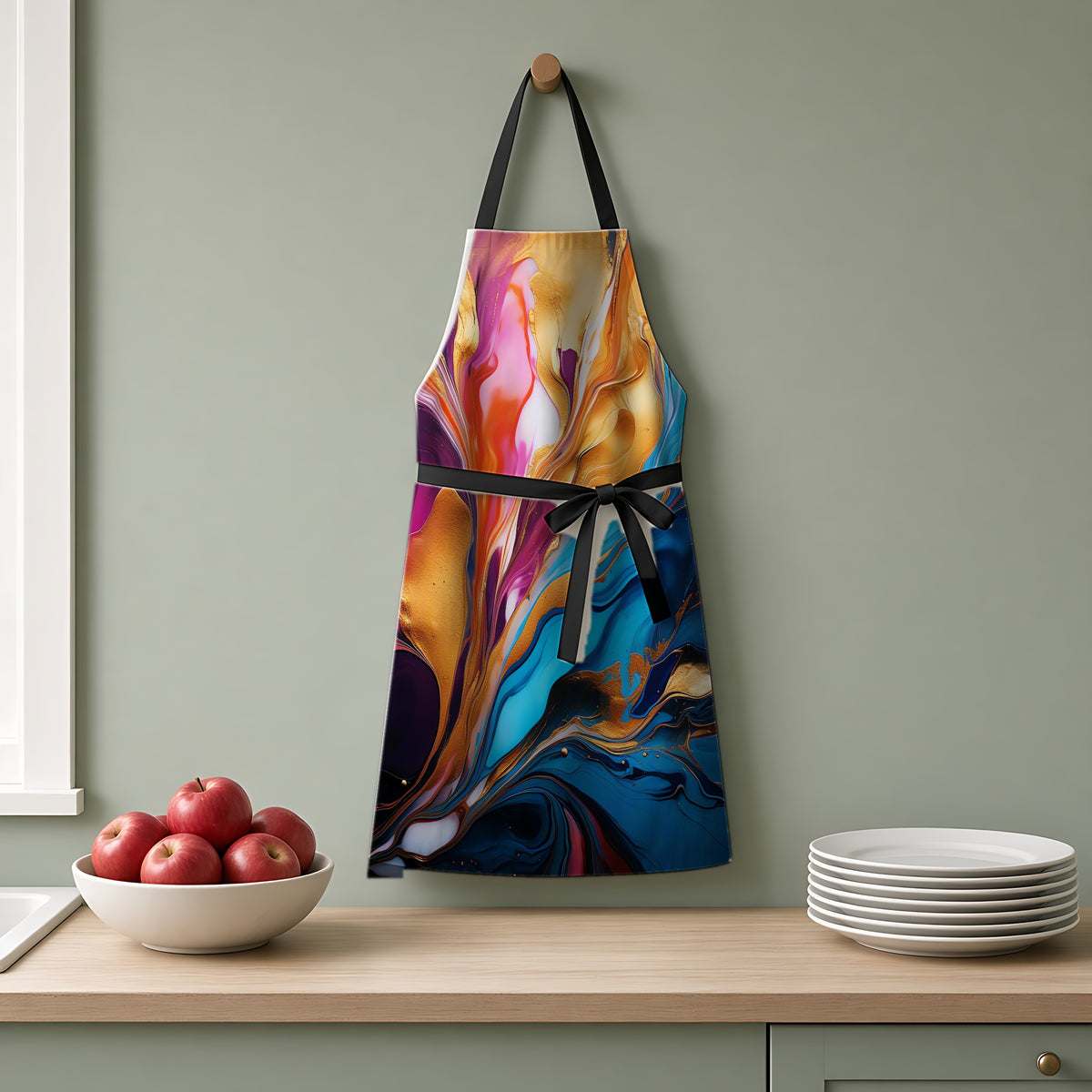 Gilded Fluid Swirl Apron hanging on a sage-green kitchen wall
