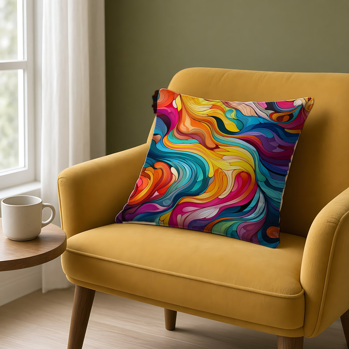 Neon Wave Swirl Faux Suede Cushion on a mustard armchair by a window