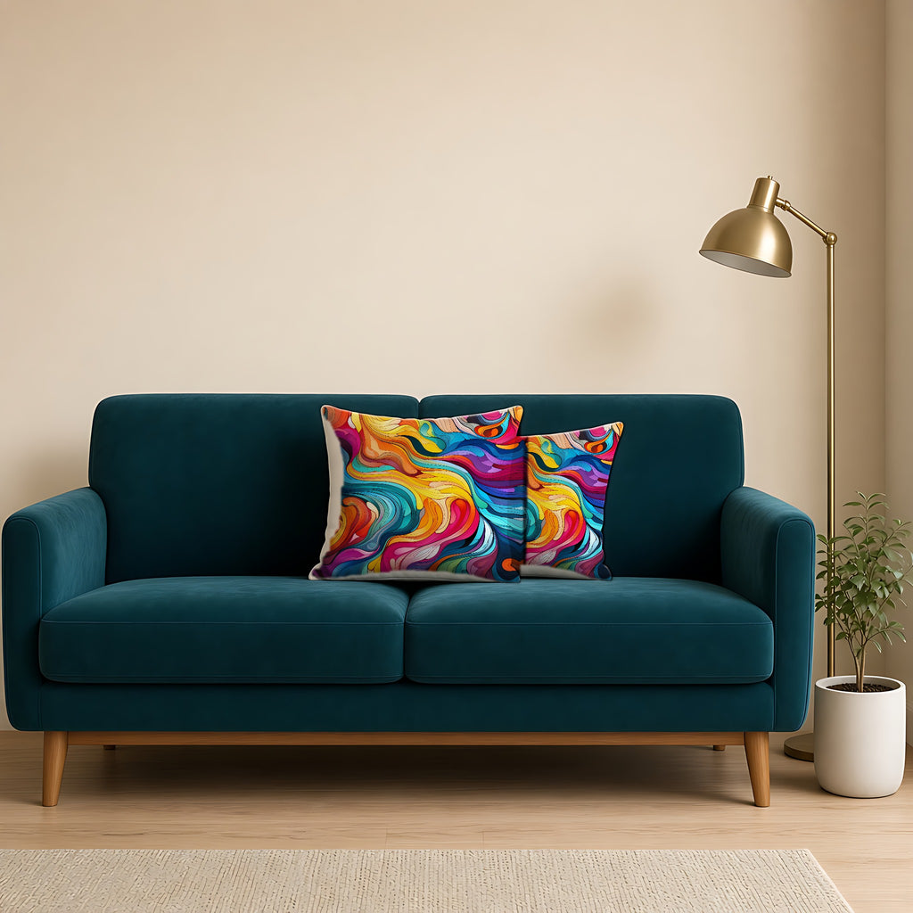 Neon Wave Swirl Faux Suede Cushion on a teal velvet sofa