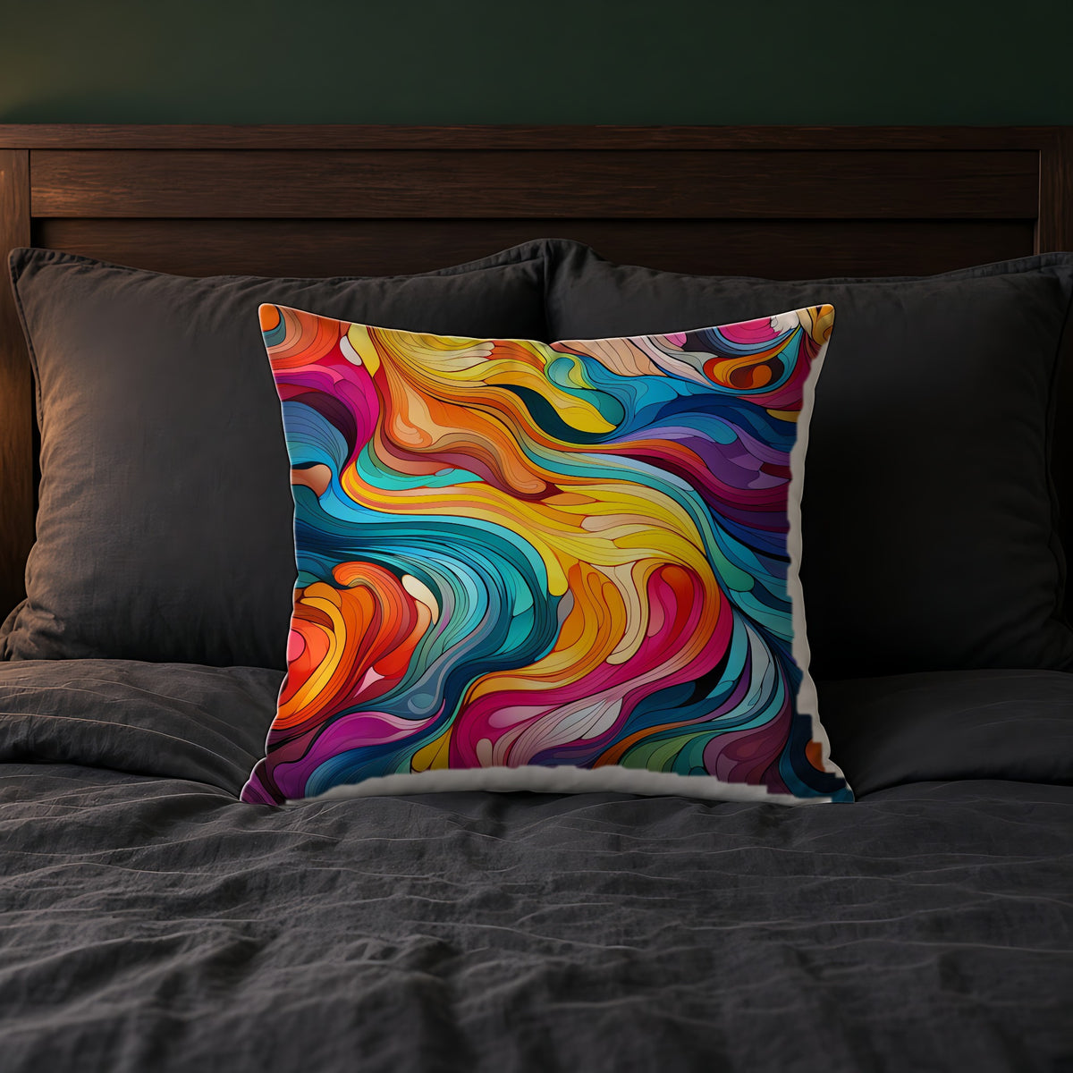 Neon Wave Swirl Faux Suede Cushion on a bed with charcoal bedding