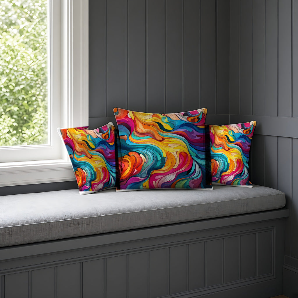 Neon Wave Swirl Faux Suede Cushion on a window seat