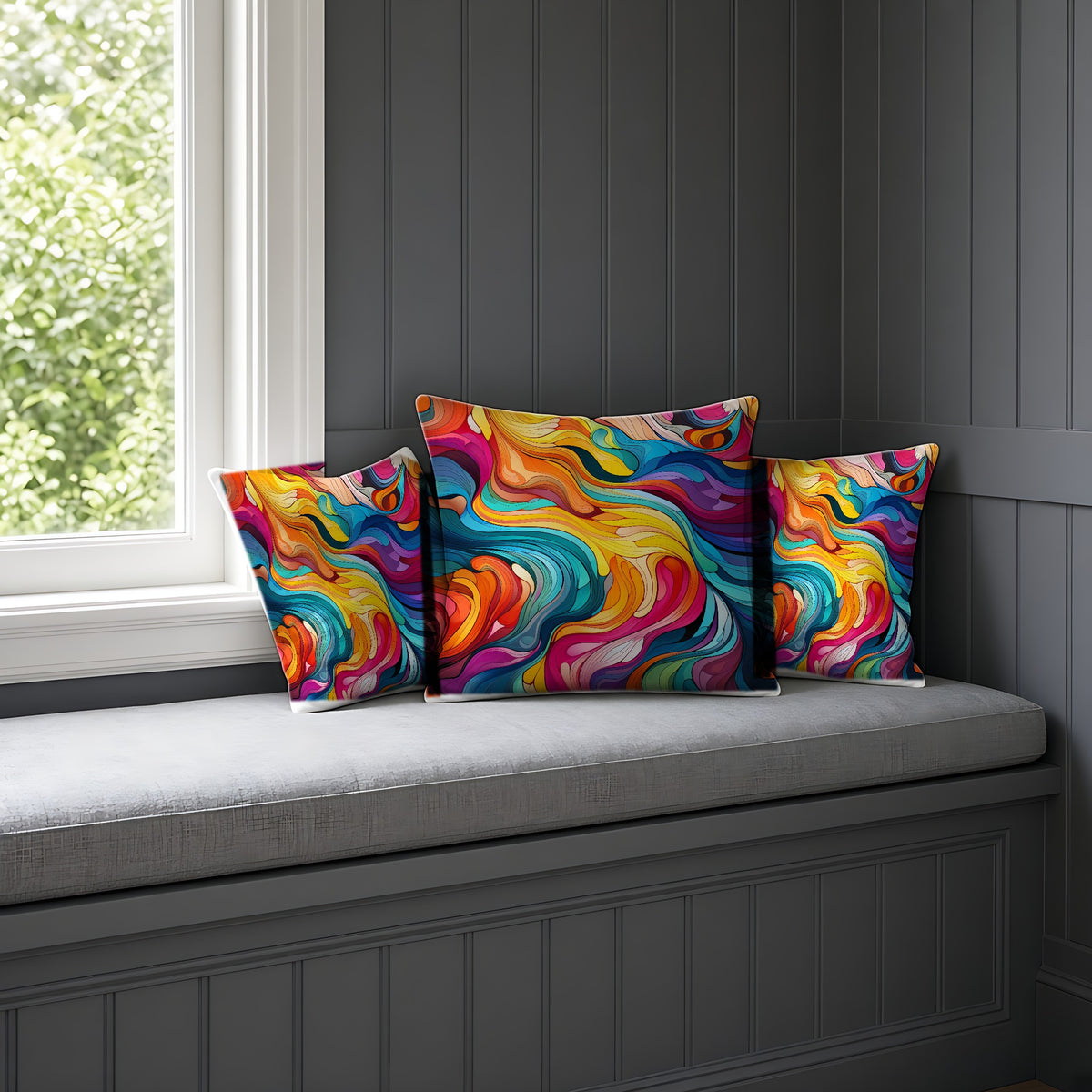 Neon Wave Swirl Faux Suede Cushion on a window seat