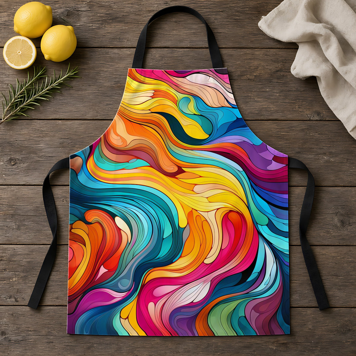 Neon Wave Swirl Apron laid flat on a rustic wooden table