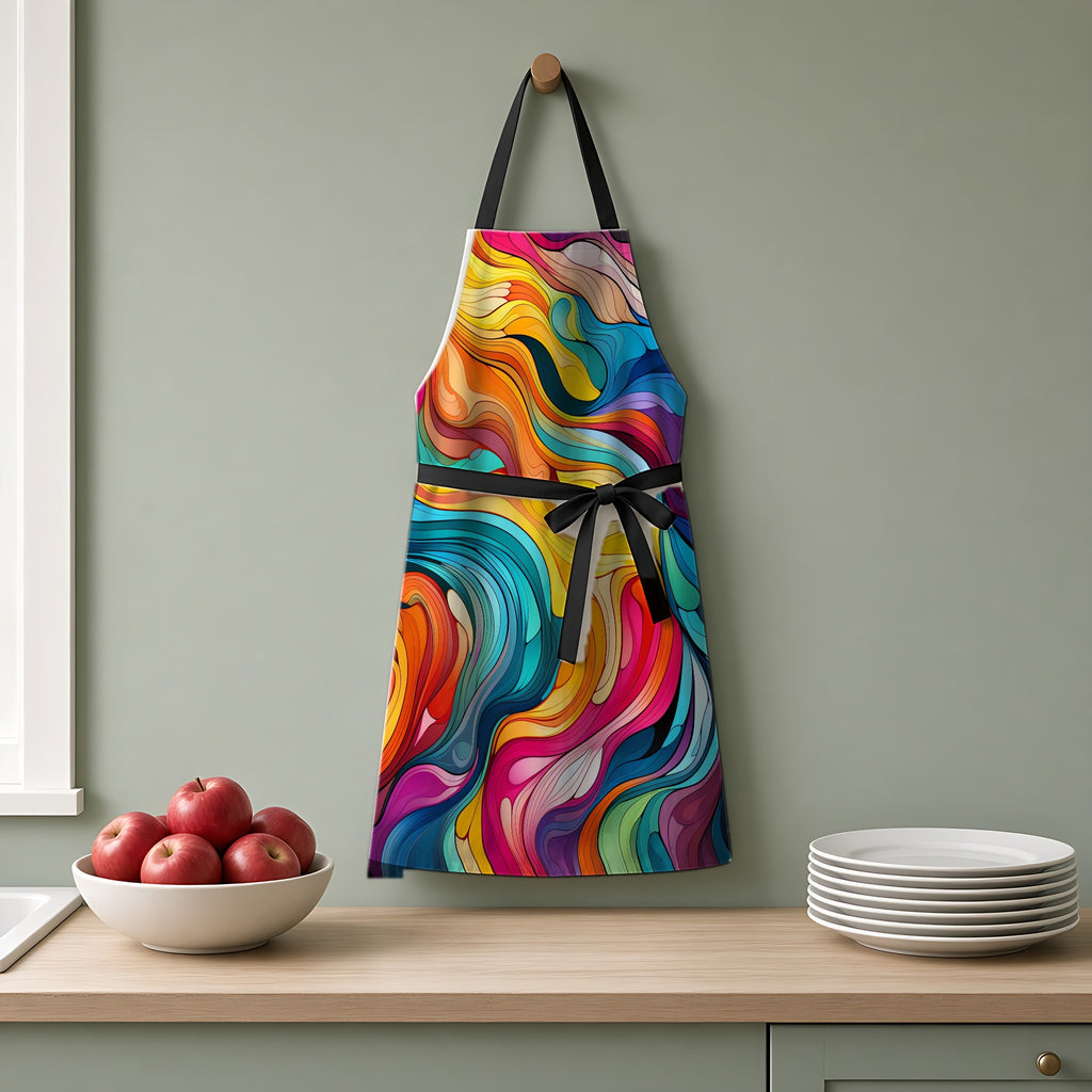 Neon Wave Swirl Apron hanging on a sage-green kitchen wall