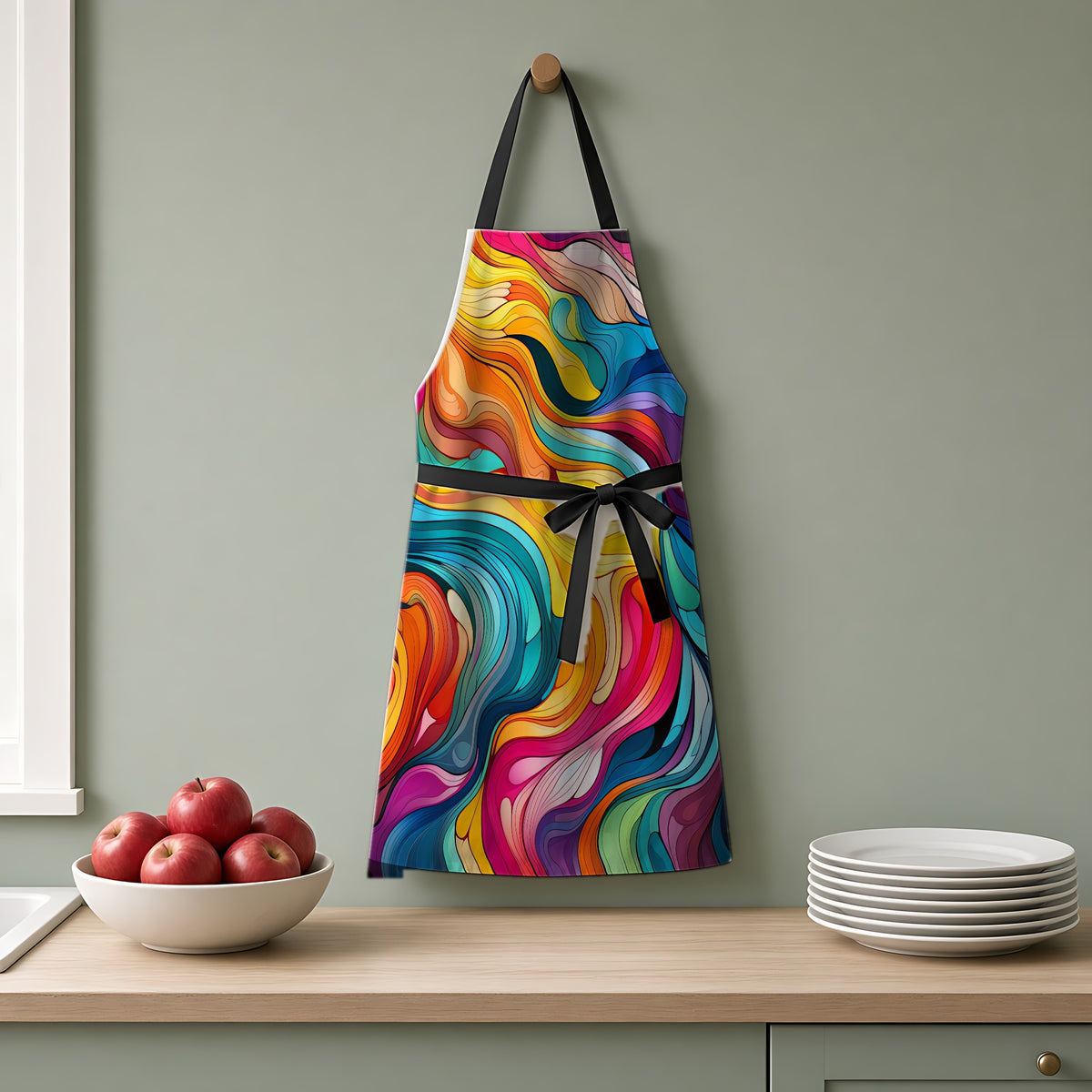 Neon Wave Swirl Apron hanging on a sage-green kitchen wall