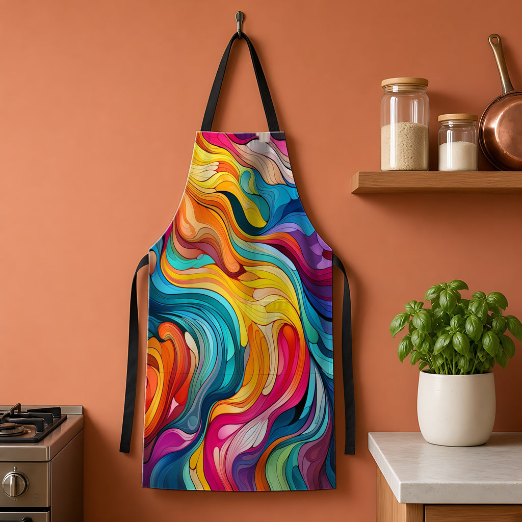Neon Wave Swirl Apron hanging on a terracotta kitchen wall