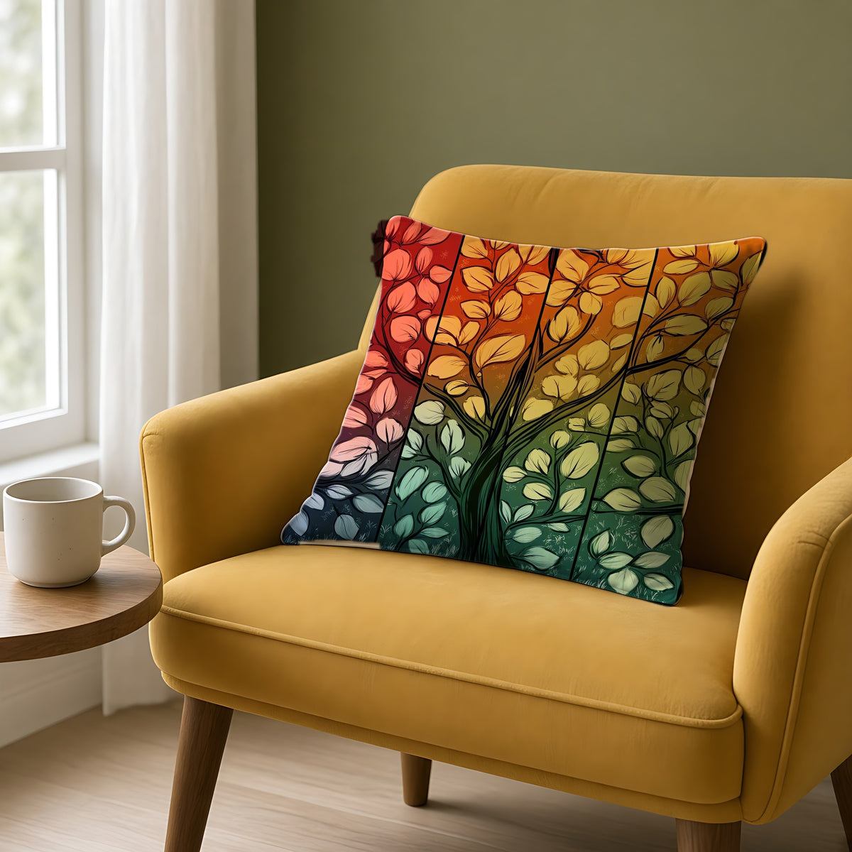 Stained Glass Autumn Tree Faux Suede Cushion on a mustard armchair by a window