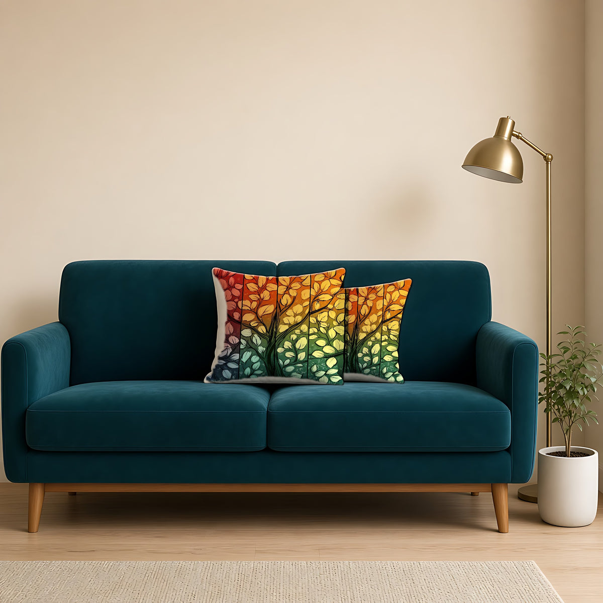 Stained Glass Autumn Tree Faux Suede Cushion on a teal velvet sofa