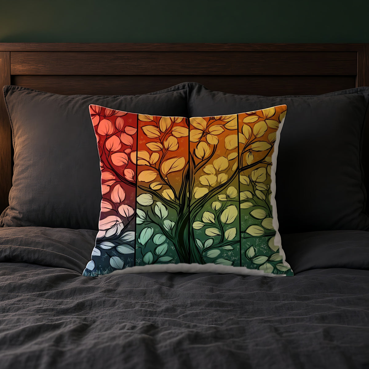 Stained Glass Autumn Tree Faux Suede Cushion on a bed with charcoal bedding