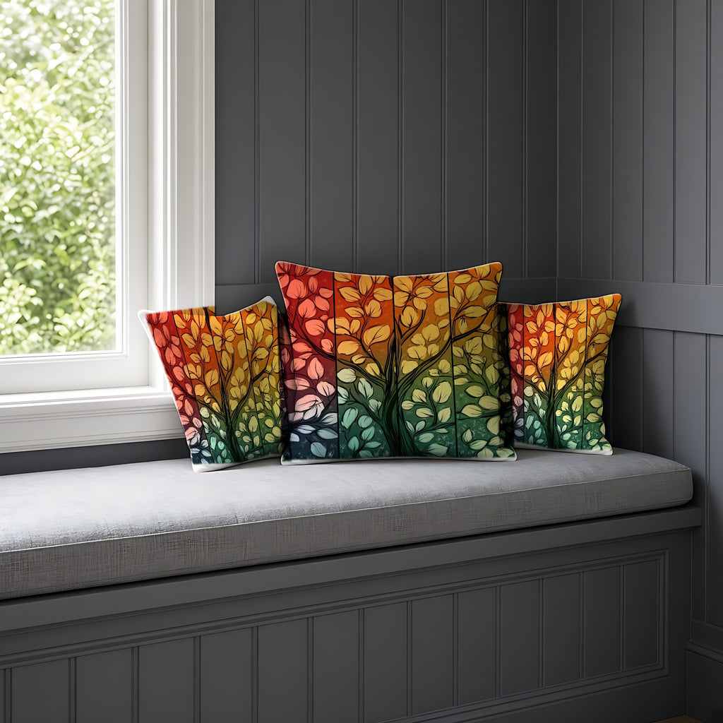 Stained Glass Autumn Tree Faux Suede Cushion on a window seat