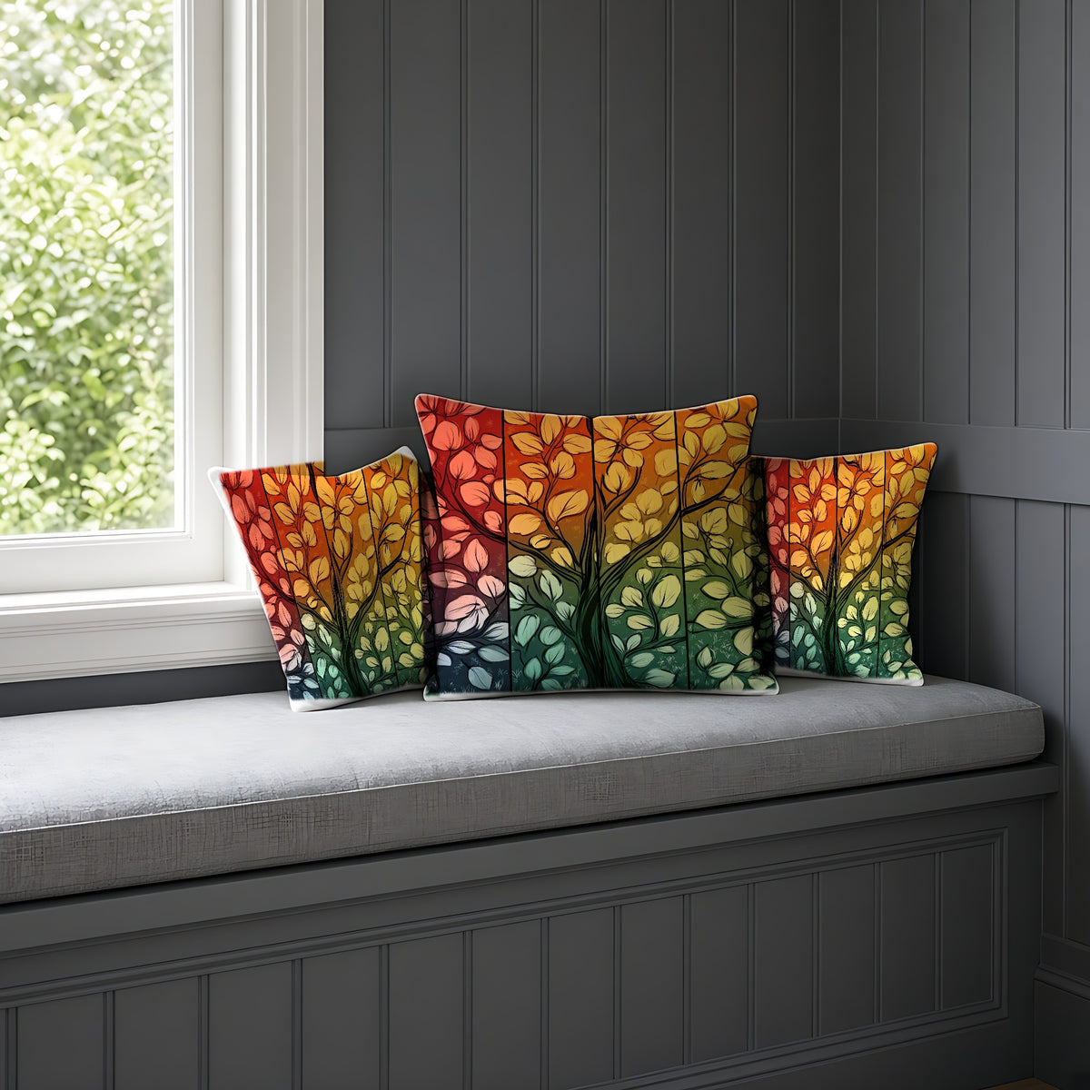 Stained Glass Autumn Tree Faux Suede Cushion on a window seat