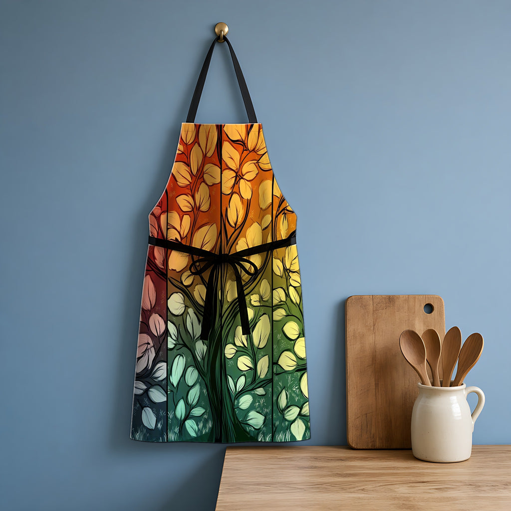 Stained Glass Autumn Tree Apron hanging in a blue kitchen