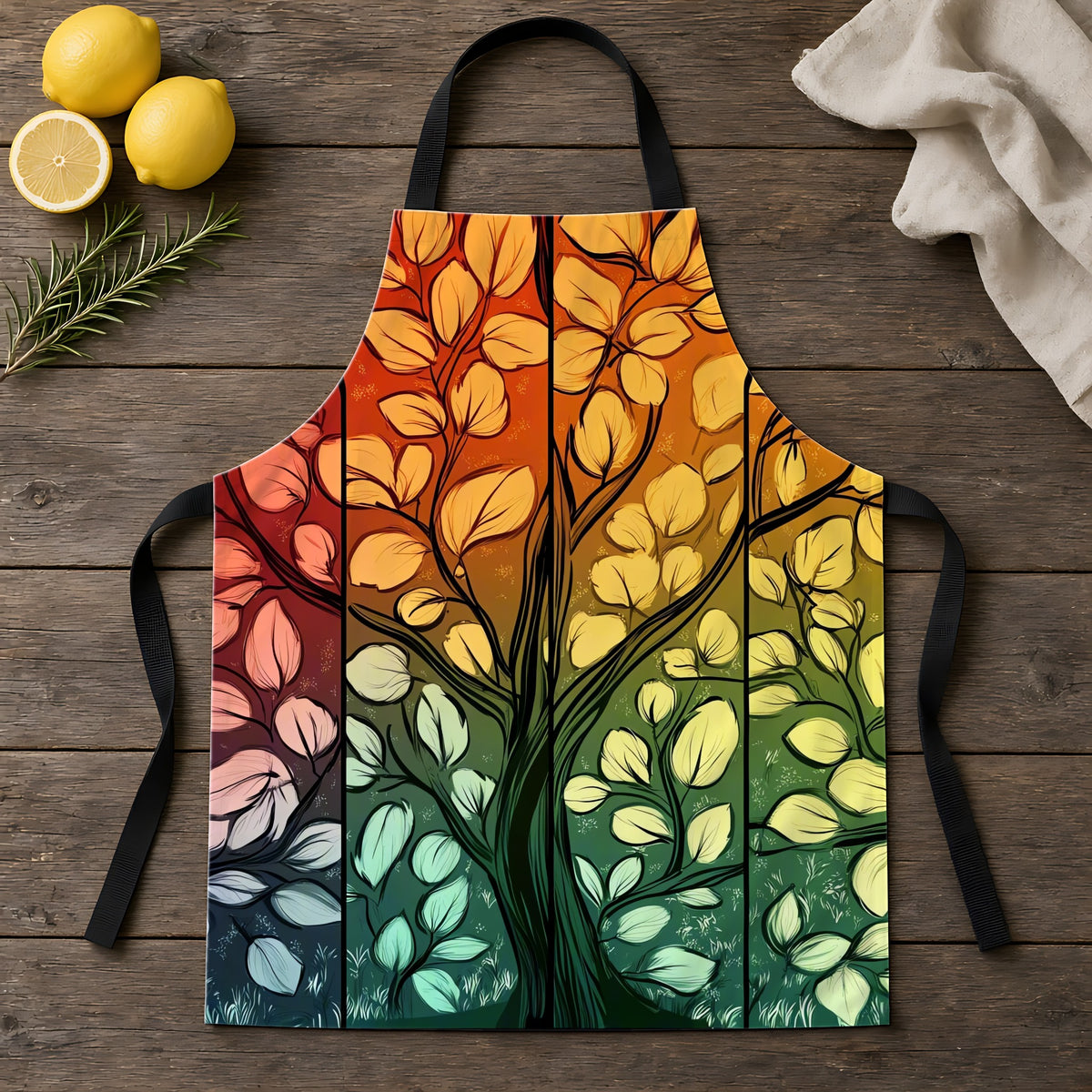 Stained Glass Autumn Tree Apron laid flat on a rustic wooden table