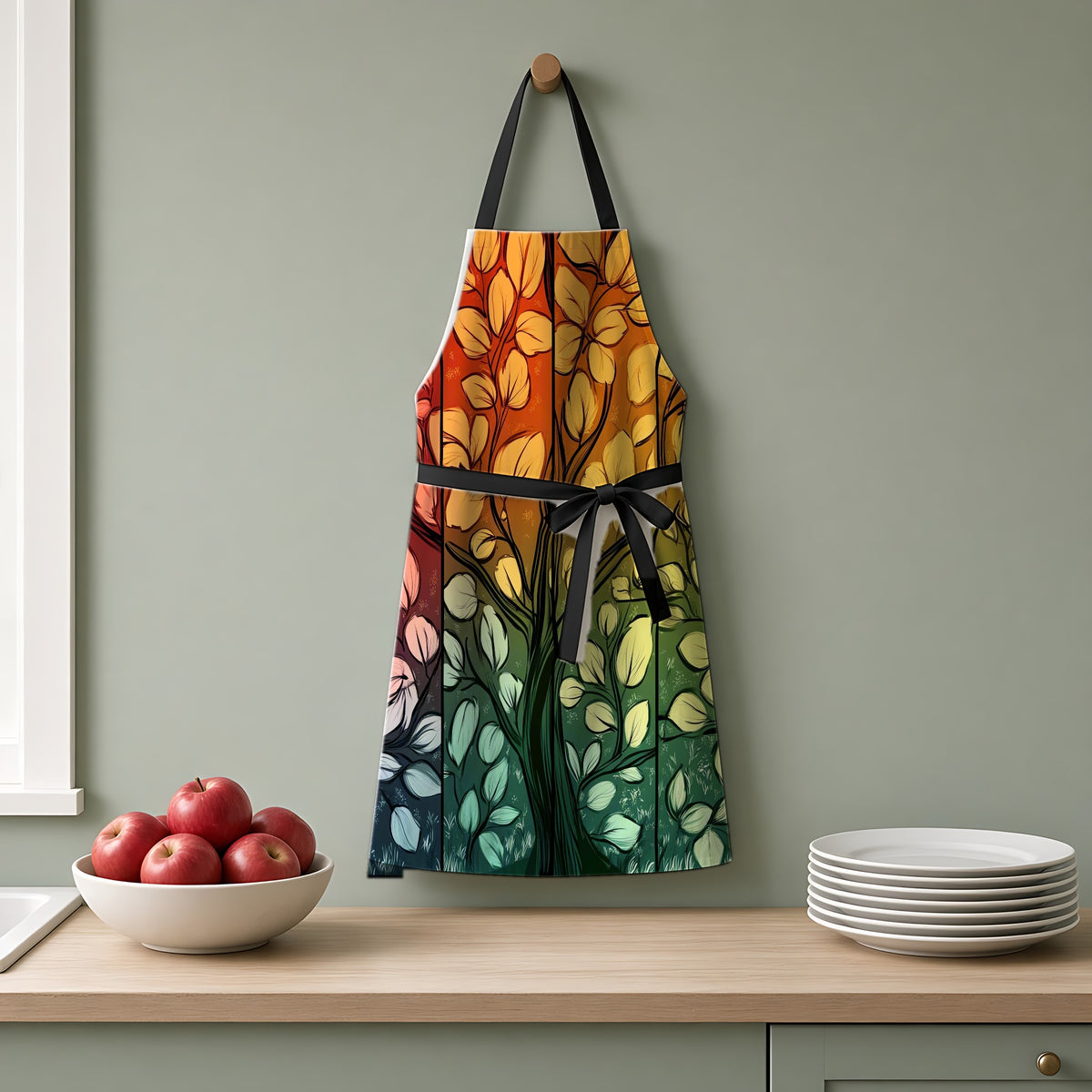 Stained Glass Autumn Tree Apron hanging on a sage-green kitchen wall