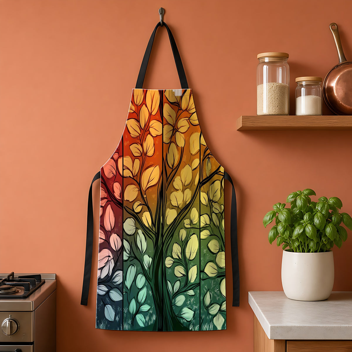Stained Glass Autumn Tree Apron hanging on a terracotta kitchen wall