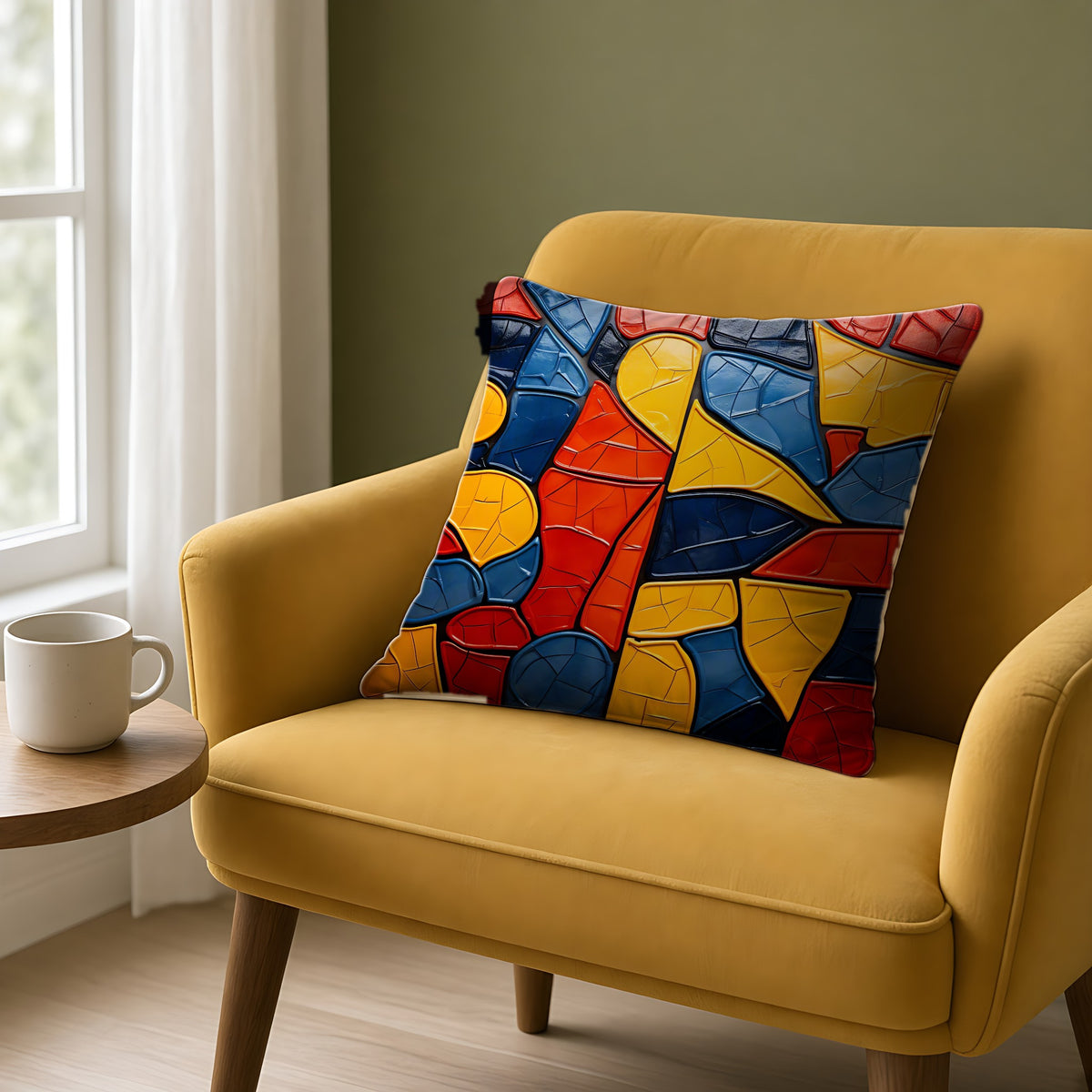 Bold Mosaic Glass Faux Suede Cushion on a mustard armchair by a window
