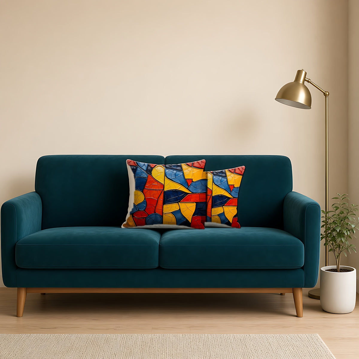 Bold Mosaic Glass Faux Suede Cushion on a teal velvet sofa