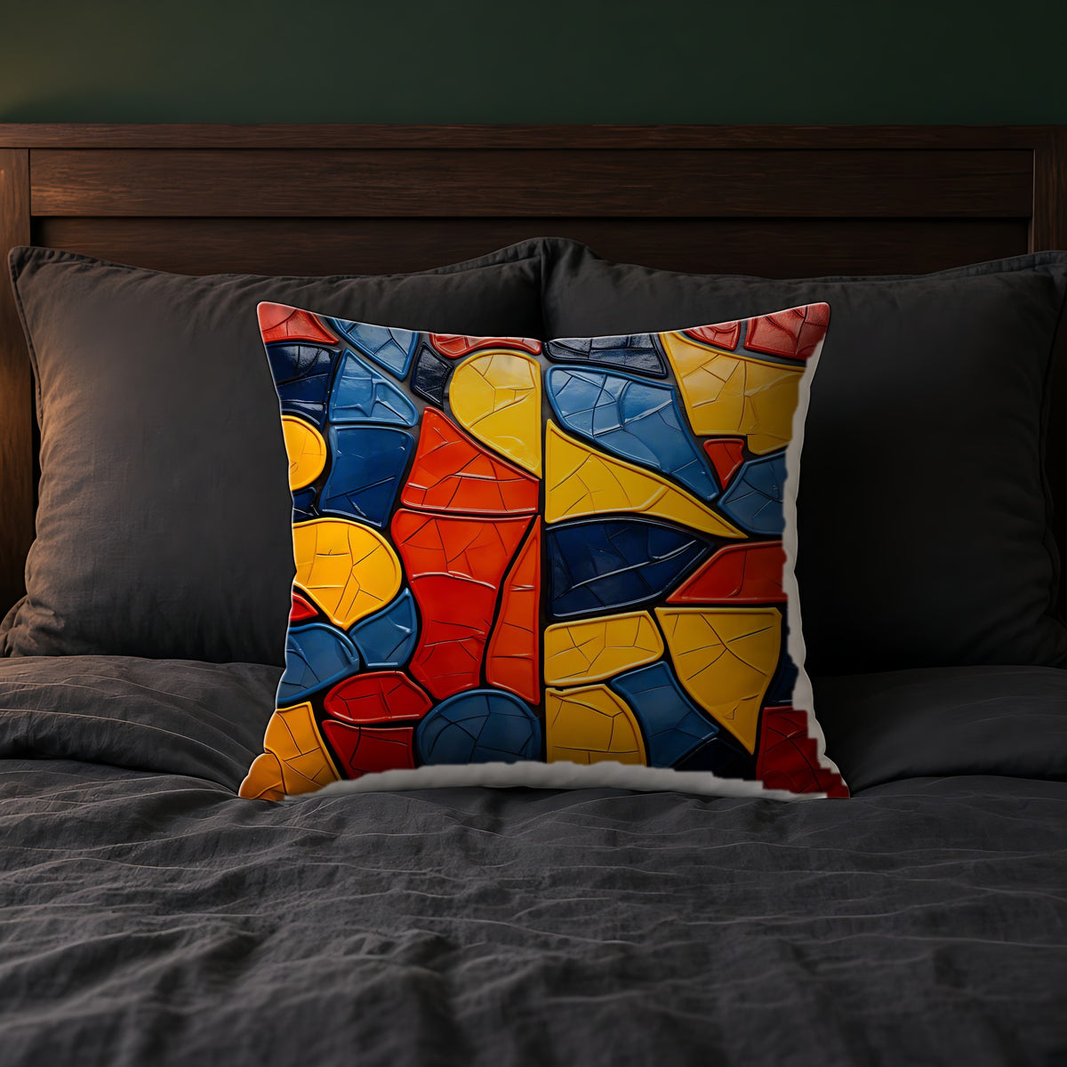 Bold Mosaic Glass Faux Suede Cushion on a bed with charcoal bedding