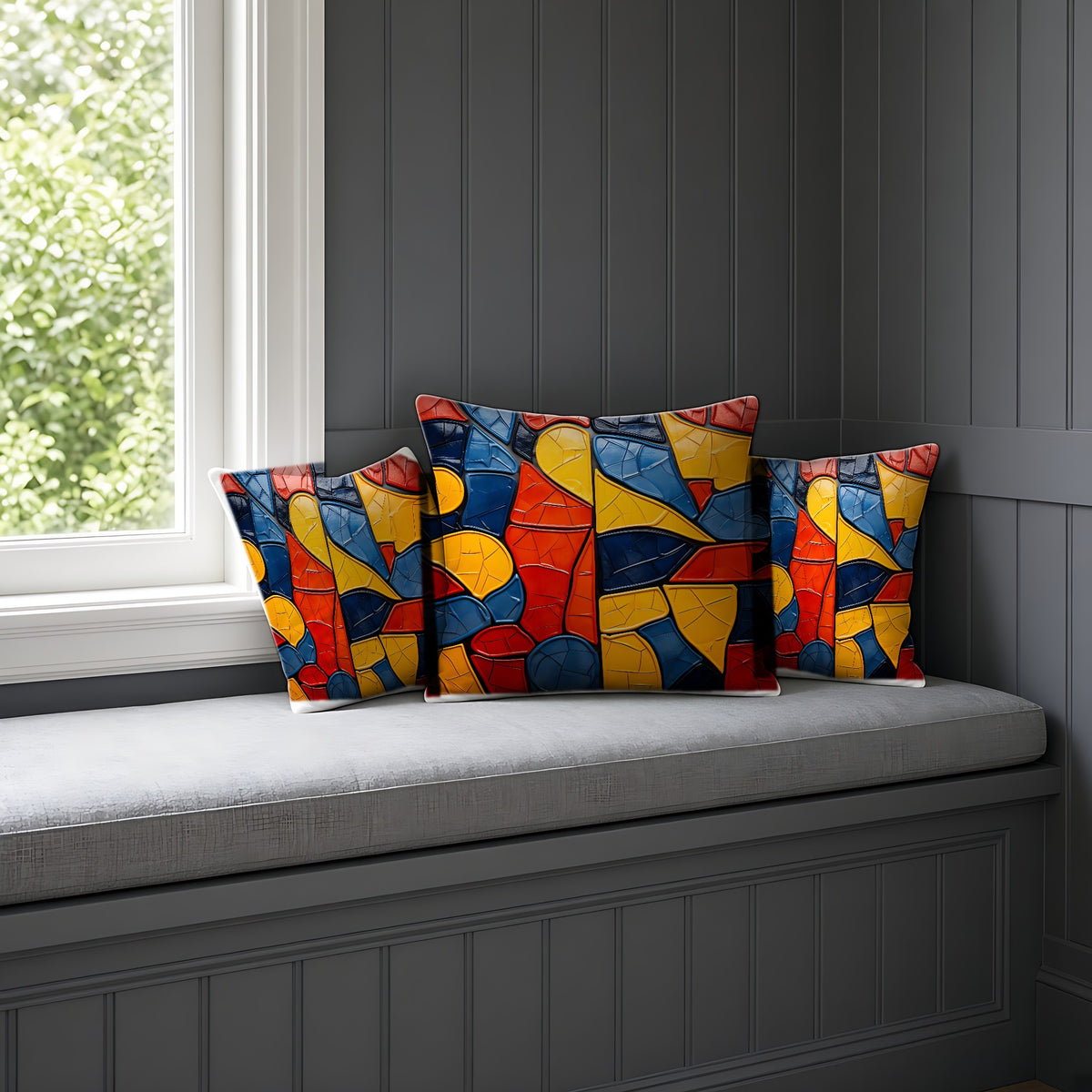 Bold Mosaic Glass Faux Suede Cushion on a window seat