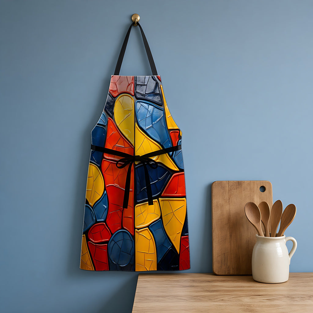 Bold Mosaic Glass Apron hanging in a blue kitchen