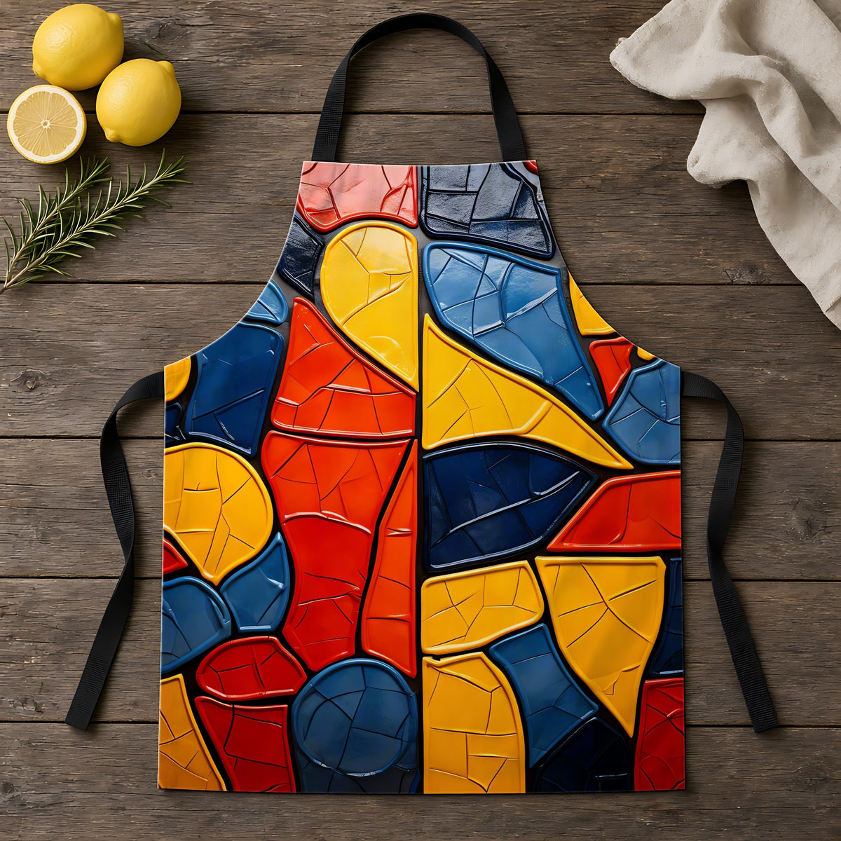 Bold Mosaic Glass Apron laid flat on a rustic wooden table