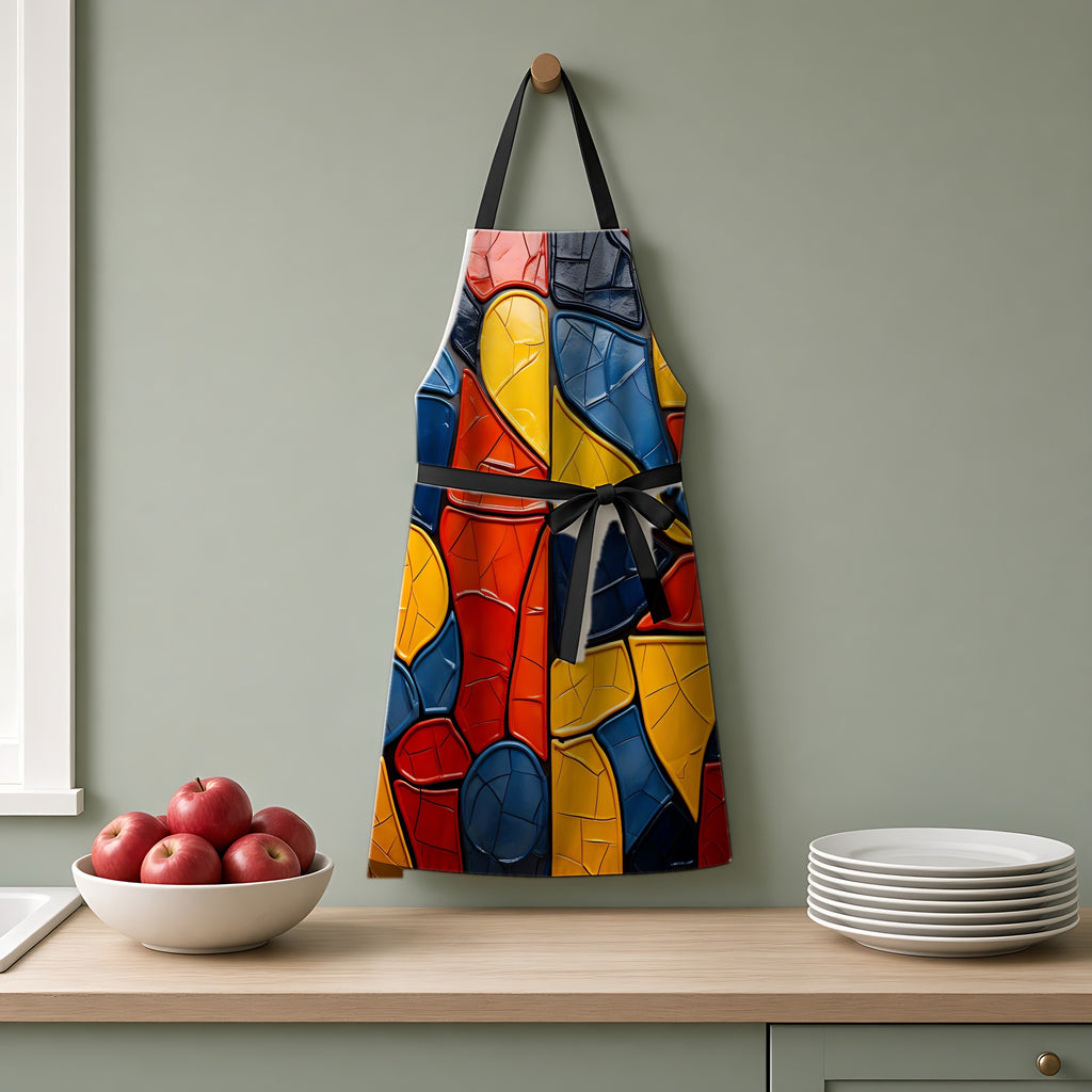 Bold Mosaic Glass Apron hanging on a sage-green kitchen wall