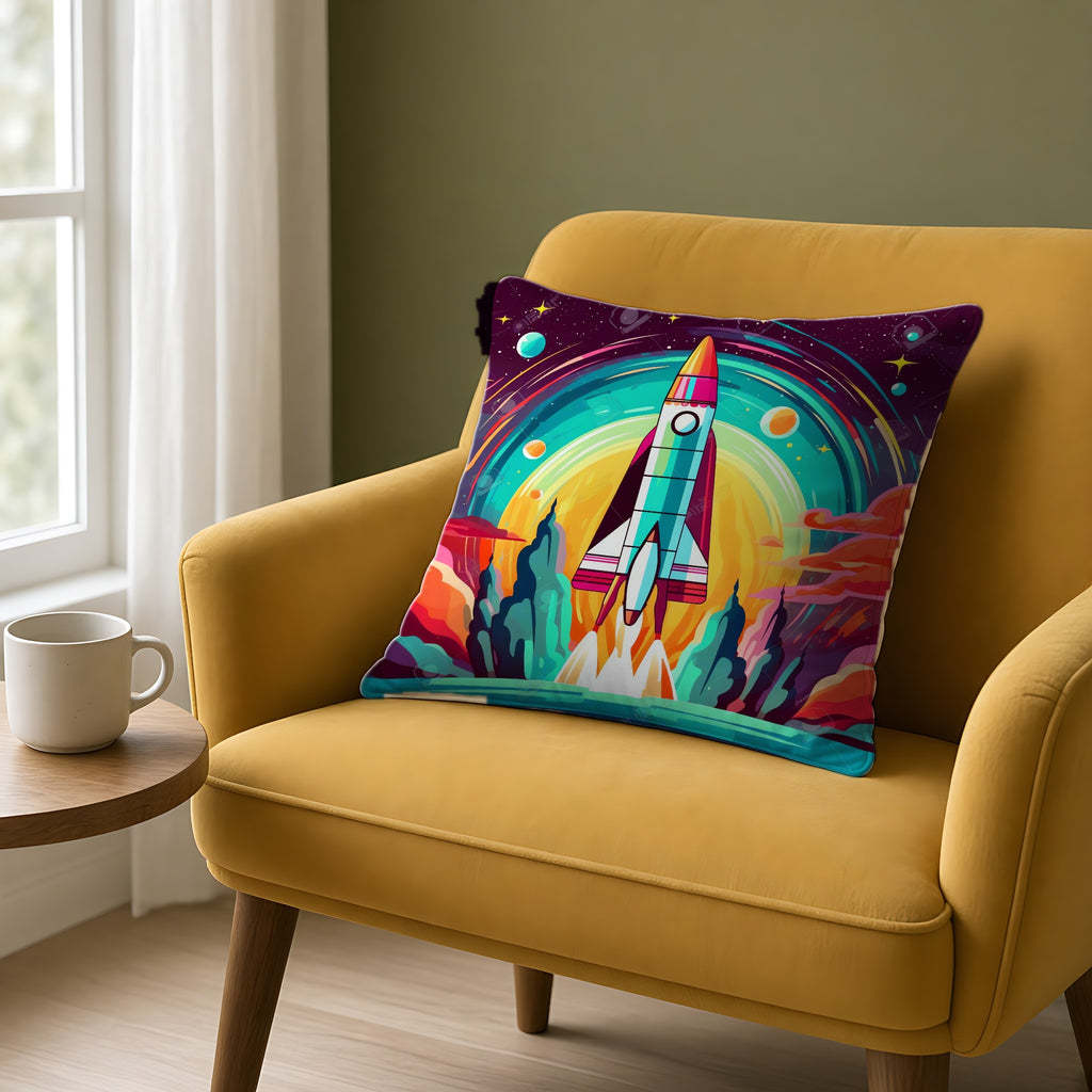 Retro Rocket Launch Faux Suede Cushion on a mustard armchair by a window