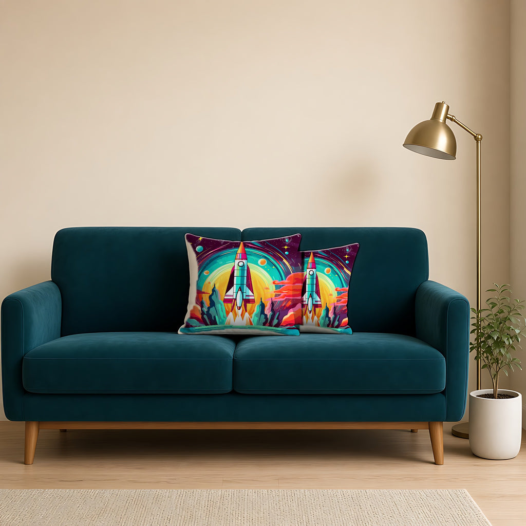 Retro Rocket Launch Faux Suede Cushion on a teal velvet sofa