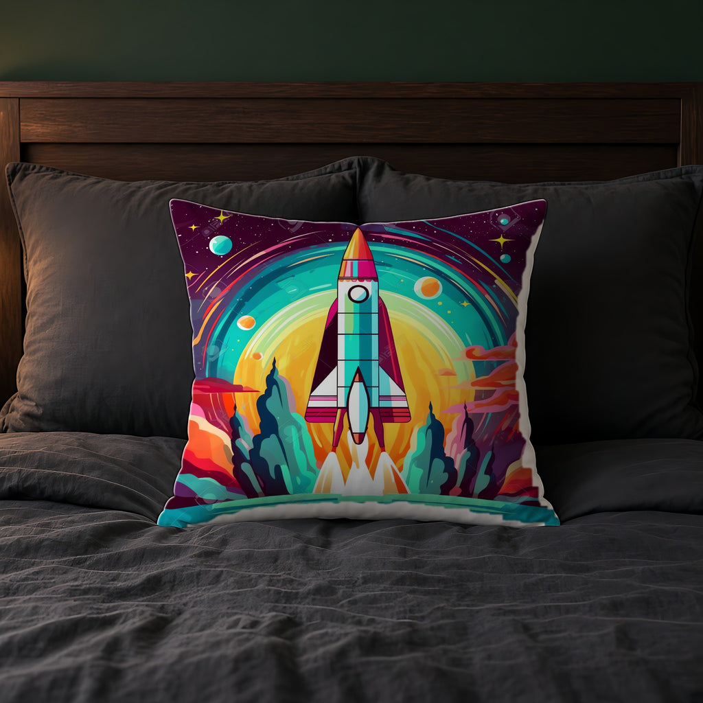 Retro Rocket Launch Faux Suede Cushion on a bed with charcoal bedding