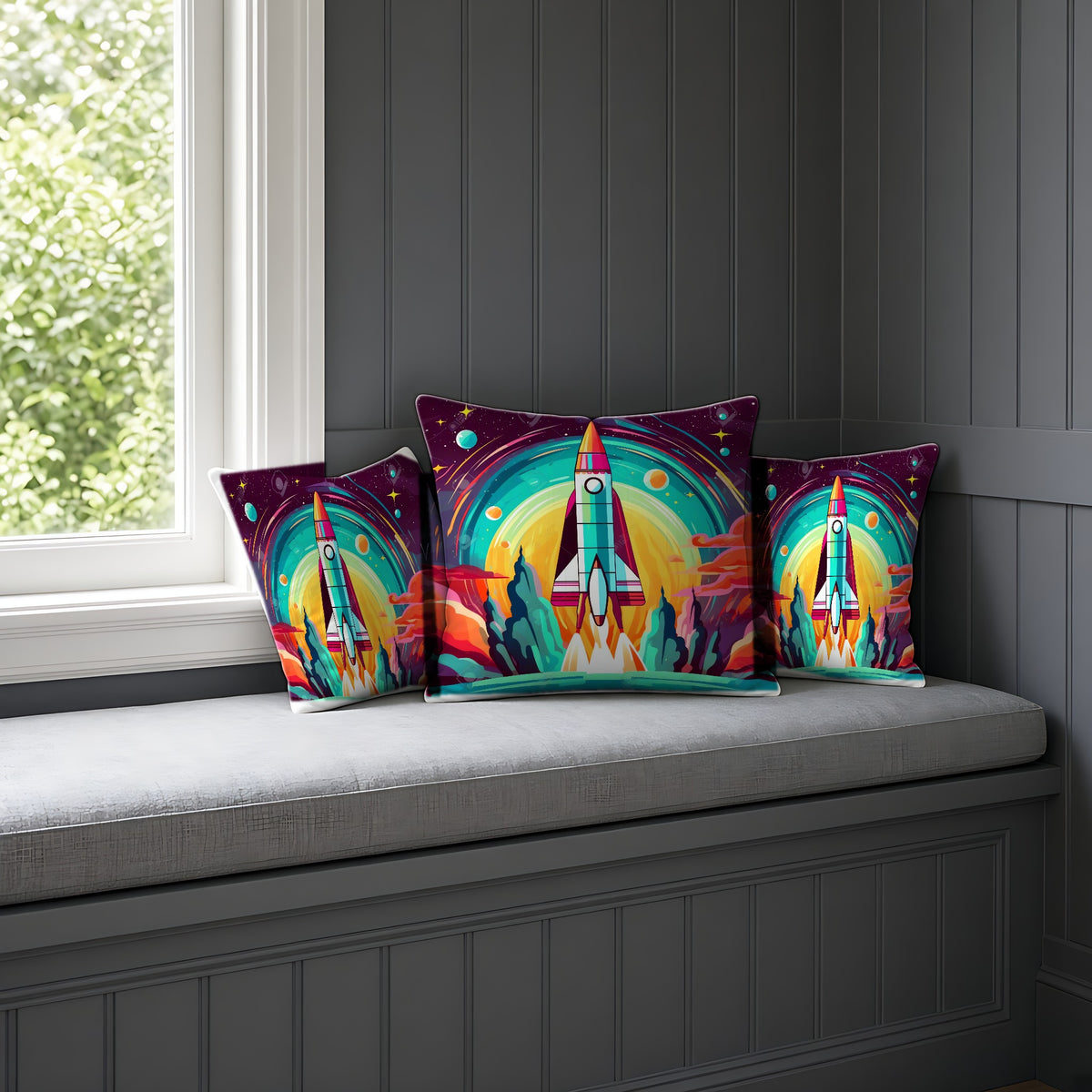 Retro Rocket Launch Faux Suede Cushion on a window seat