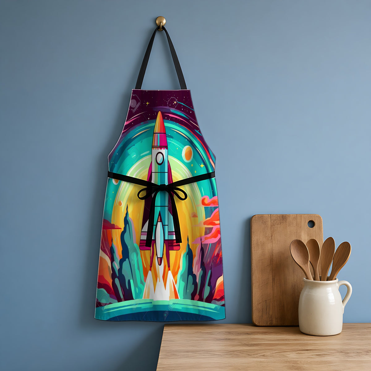 Retro Rocket Launch Apron hanging in a blue kitchen