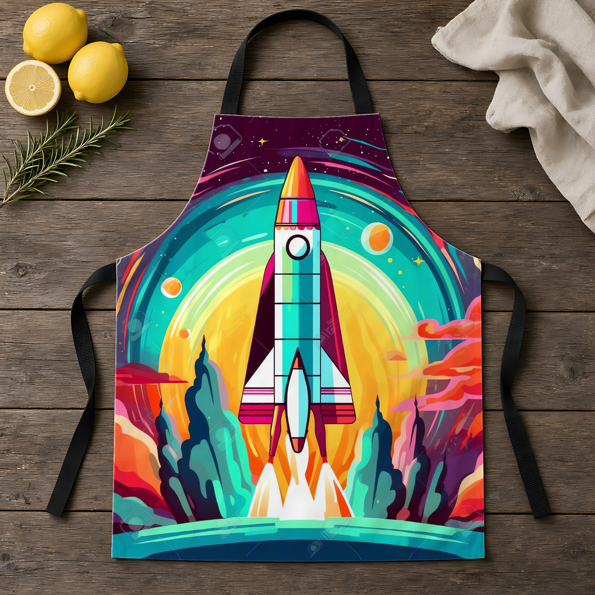 Retro Rocket Launch Apron laid flat on a rustic wooden table