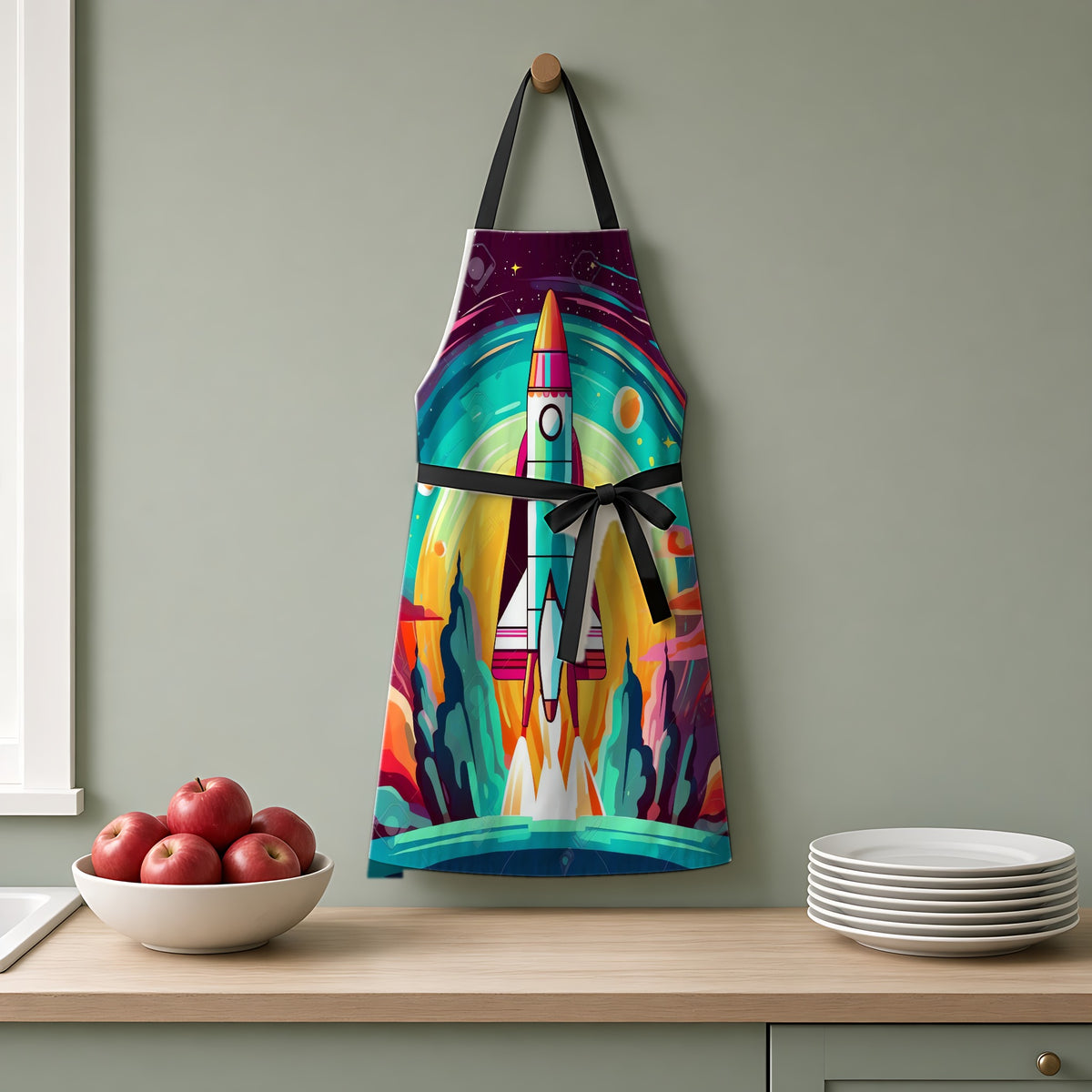 Retro Rocket Launch Apron hanging on a sage-green kitchen wall